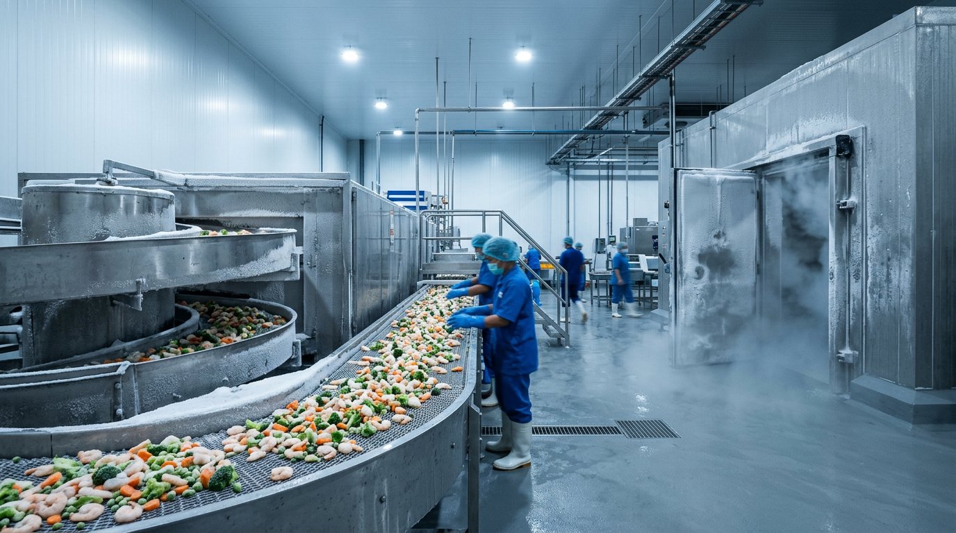 Terowongan IQF dan ruang blast freezer berdinding sandwich panel di pabrik pengolahan pangan