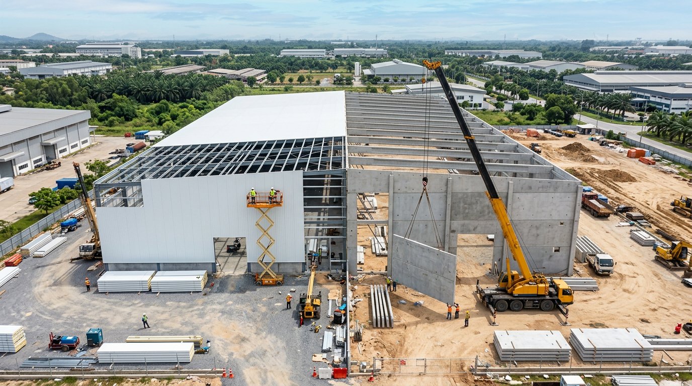 Perbandingan pemasangan sandwich panel dan dinding beton precast pada proyek gudang industri