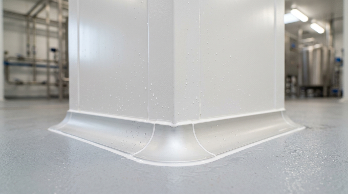 Detail sambungan sandwich panel higienis dengan coving lengkung di pertemuan dinding dan lantai ruang produksi air minum
