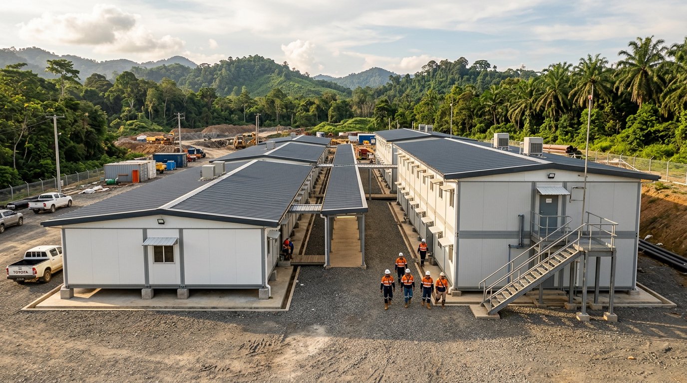 Kompleks mess karyawan modular berdinding sandwich panel di lokasi proyek