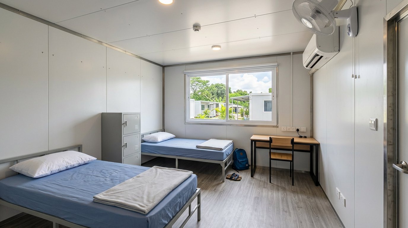 Interior kamar mess karyawan berdinding sandwich panel dengan dua tempat tidur