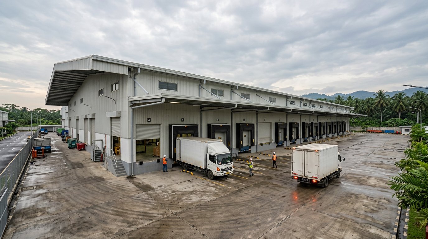 Terminal cross docking dengan dinding sandwich panel dan deretan pintu dock truk