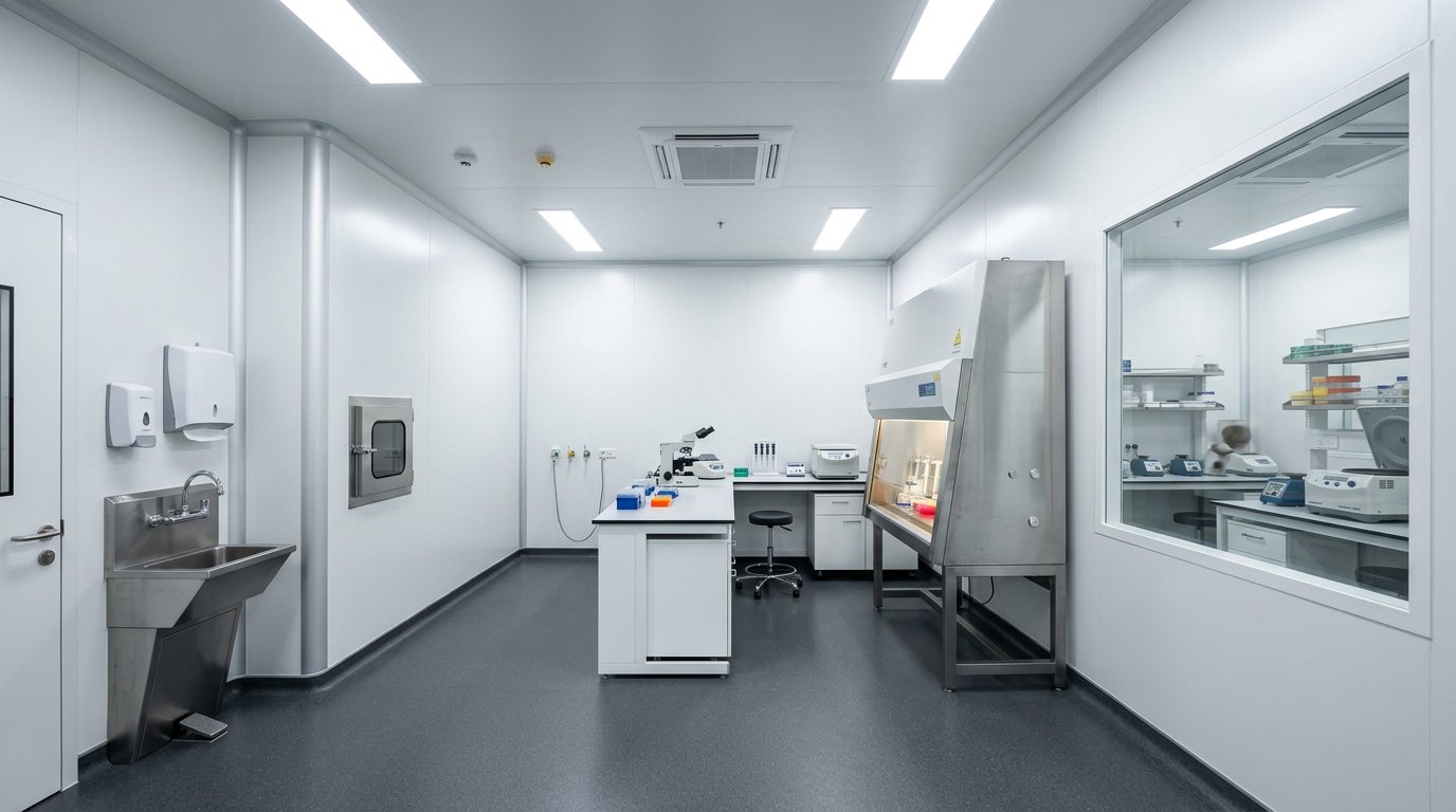 Testing laboratory interior with modular sandwich panel walls, floor coving, and a biosafety cabinet
