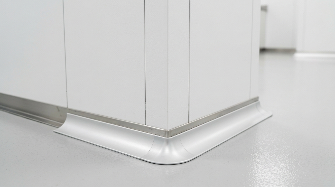 Detail of a hairline joint between two panels and curved coving running into a laboratory epoxy floor
