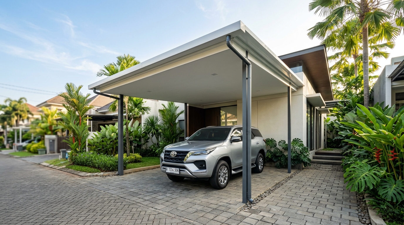 Kanopi carport rumah dengan atap sandwich panel dan tiang baja