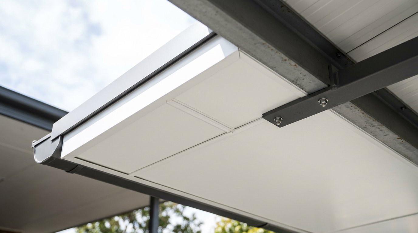 Detail sambungan panel dan flashing aluminium pada bagian bawah kanopi