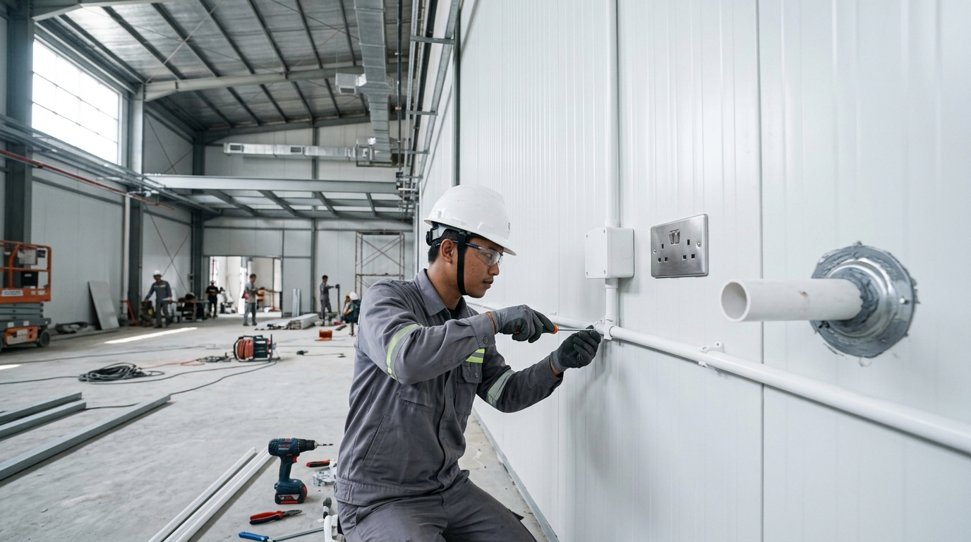 Instalasi konduit listrik dan pipa air pada dinding sandwich panel