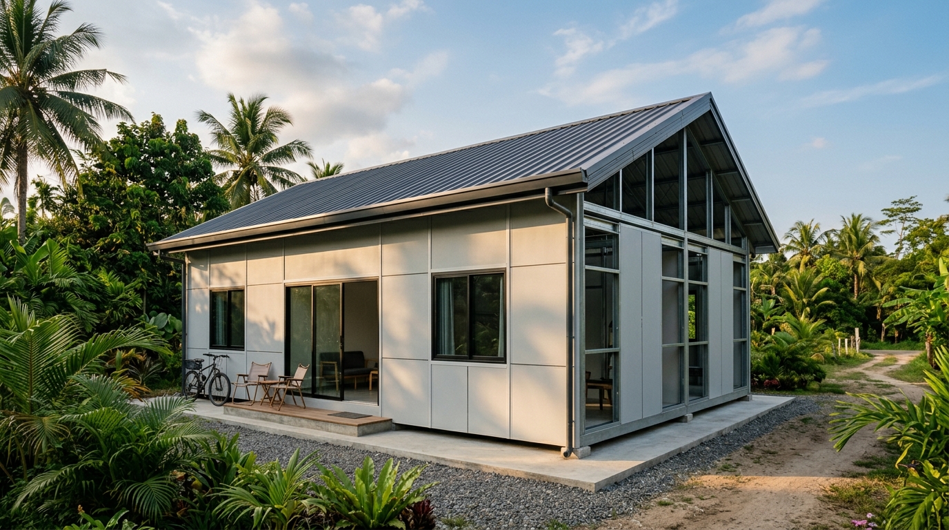 Rumah satu lantai berdinding sandwich panel dengan rangka baja ringan terlihat di sisi yang belum tertutup