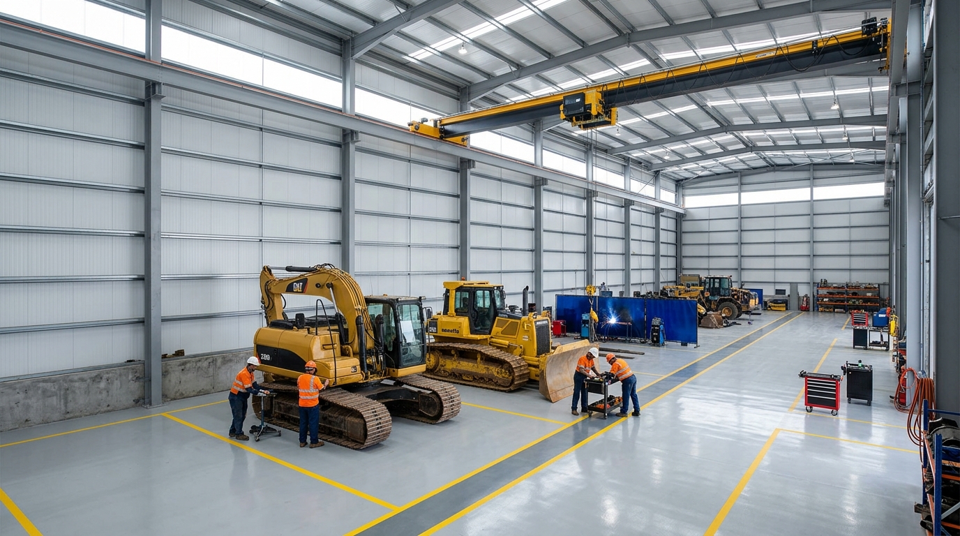Interior bengkel alat berat berdinding sandwich panel dengan overhead crane dan excavator