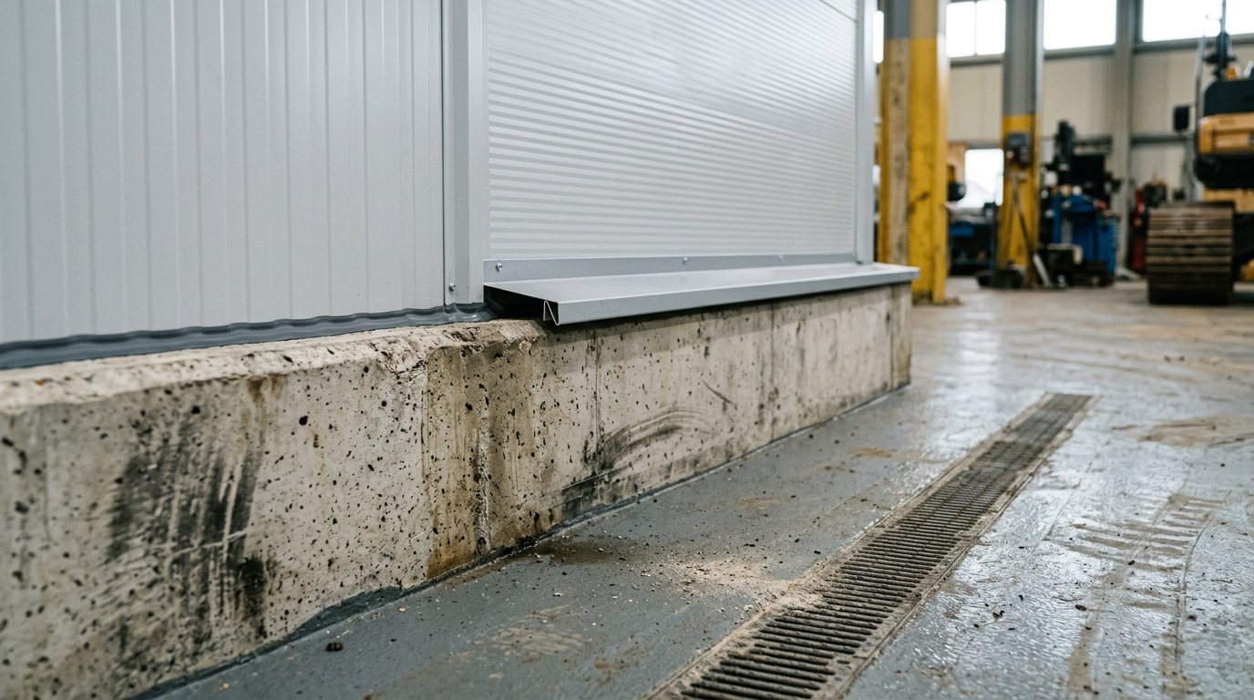 Detail pertemuan sandwich panel dengan plint beton dan flashing aluminium di bengkel