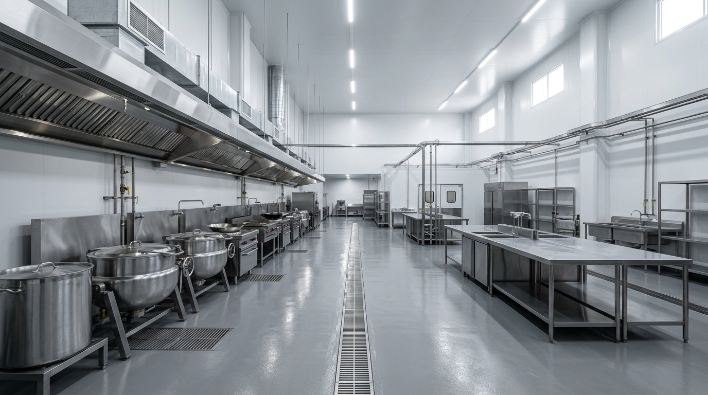 Dinding sandwich panel higienis di central kitchen dengan lini masak stainless steel
