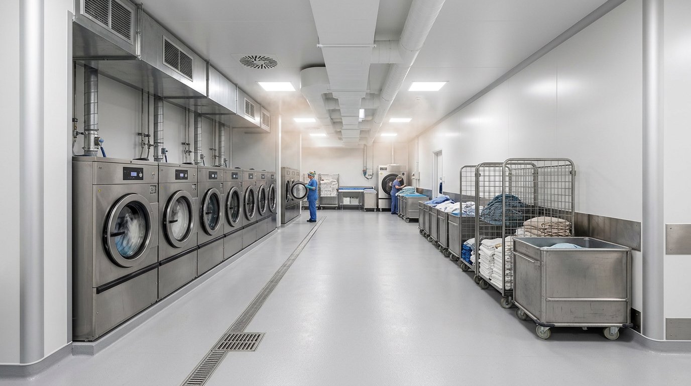 Ruang laundry rumah sakit berdinding sandwich panel higienis dengan floor drain