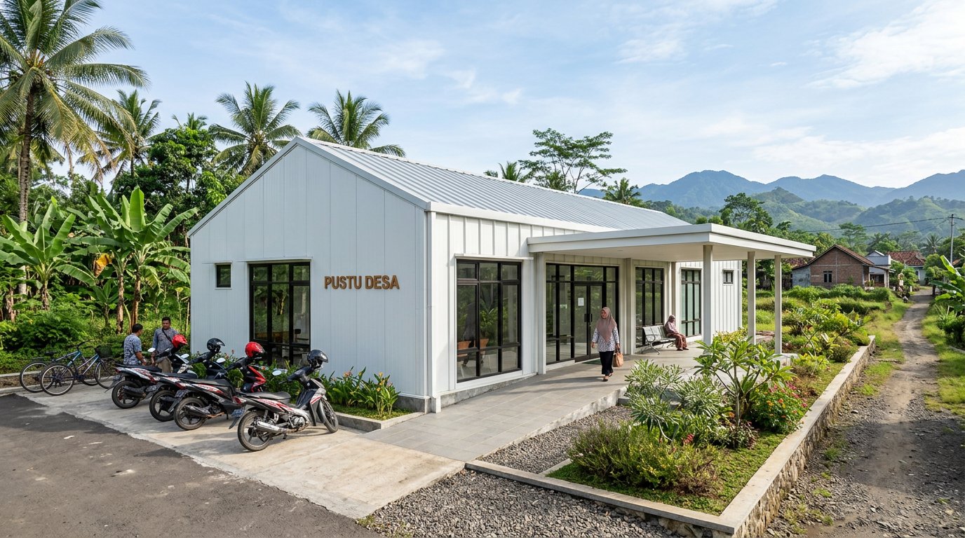 Bangunan puskesmas modular berdinding sandwich panel putih