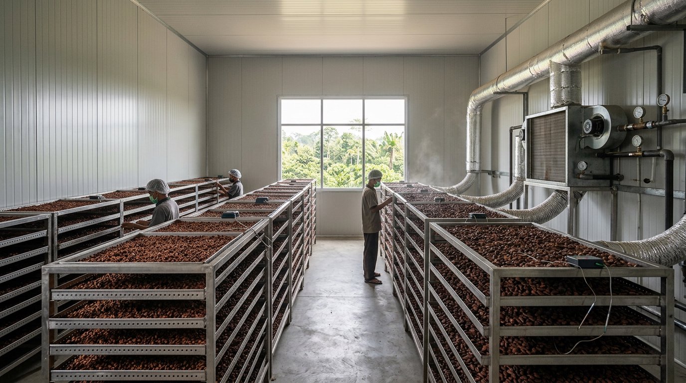 Interior ruang pengering hasil pertanian berdinding sandwich panel dengan rak biji kopi dan kakao