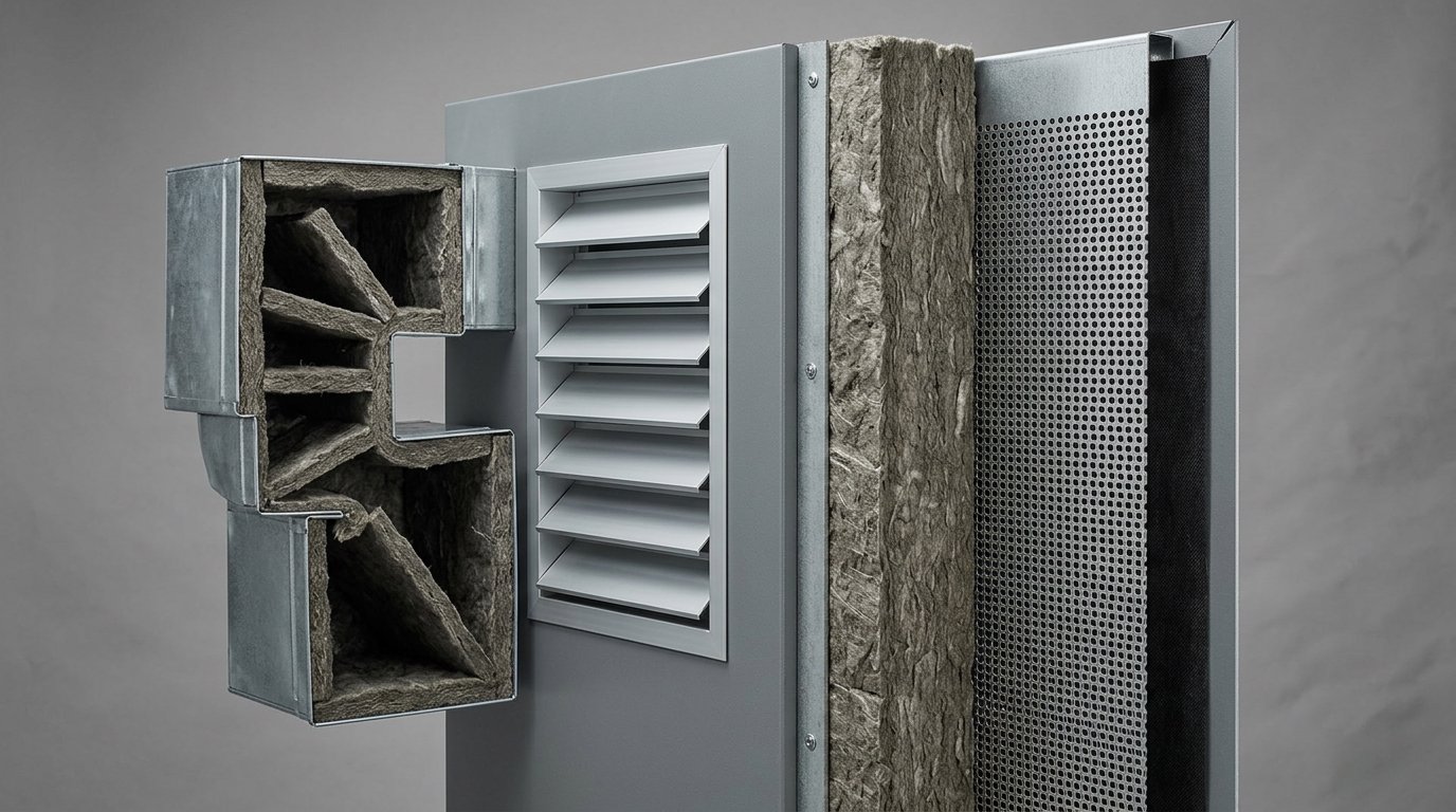 Detail dinding akustik ruang genset: panel sandwich rockwool dengan liner berlubang, ducting berbelok, dan louver akustik
