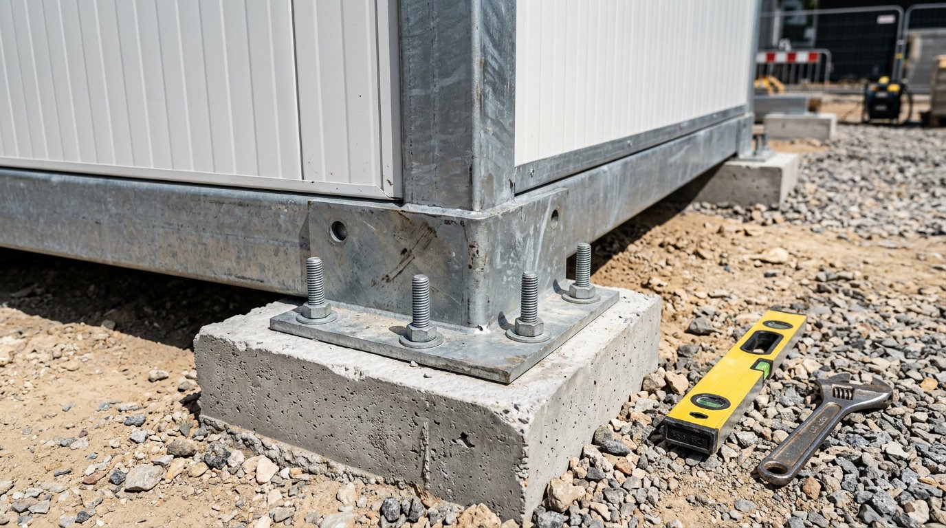 Sudut rangka baja rumah modular dibaut ke pondasi setempat beton bertulang