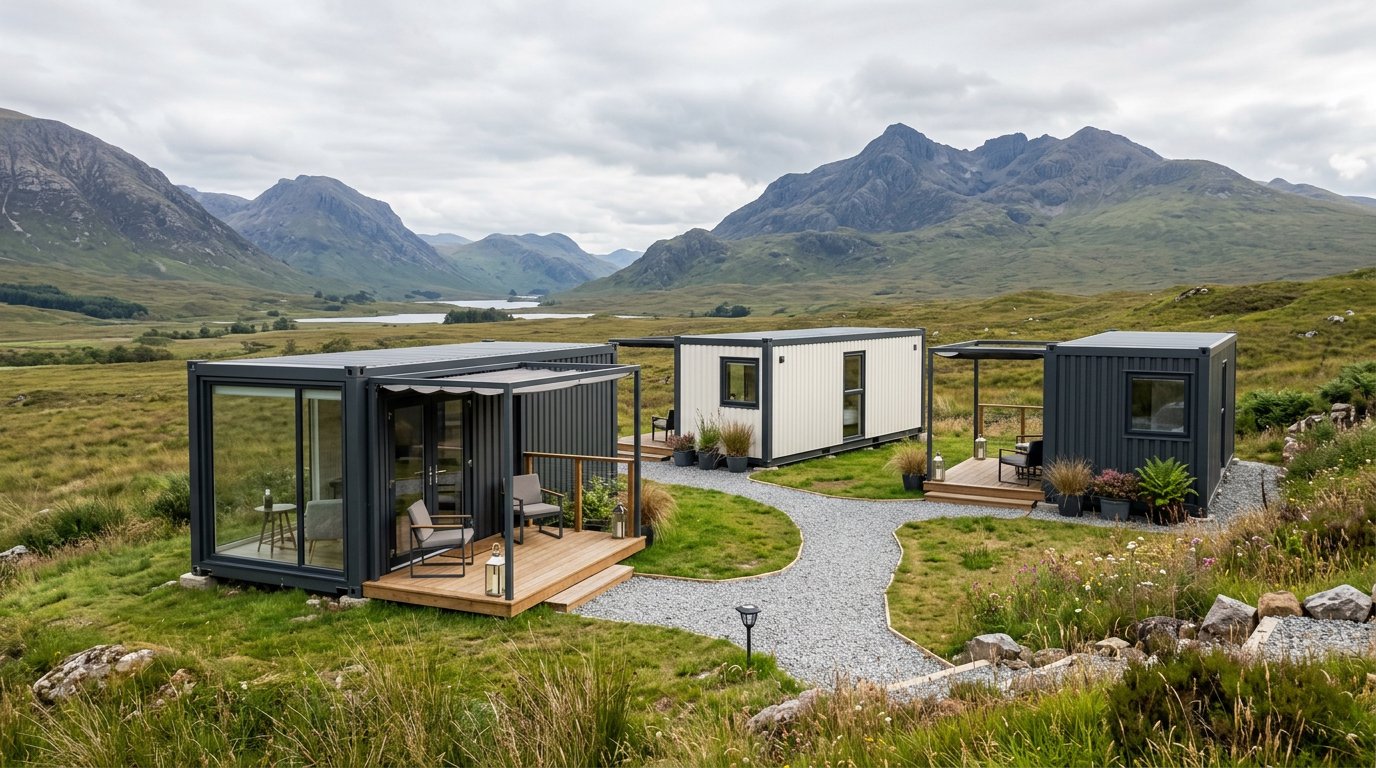 Tiga unit villa modular tipe kontainer berdinding sandwich panel disusun sebagai resor glamping kecil