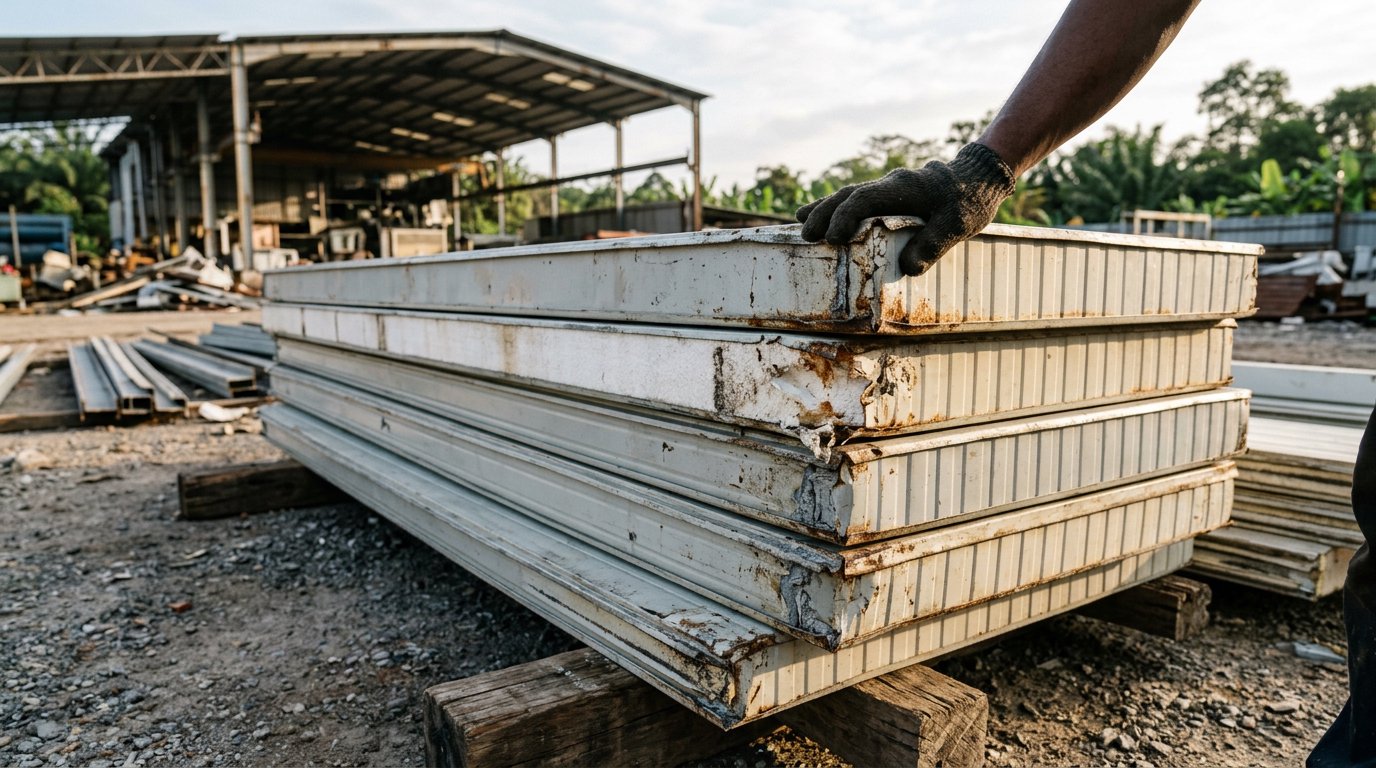 Tumpukan sandwich panel bekas bongkaran dengan tepi berkarat dan inti EPS yang terbuka