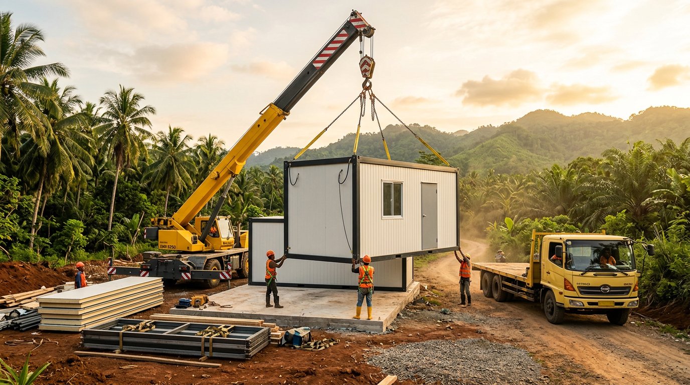 Crane mengangkat modul rumah modular dari trailer ke pondasi beton di lokasi