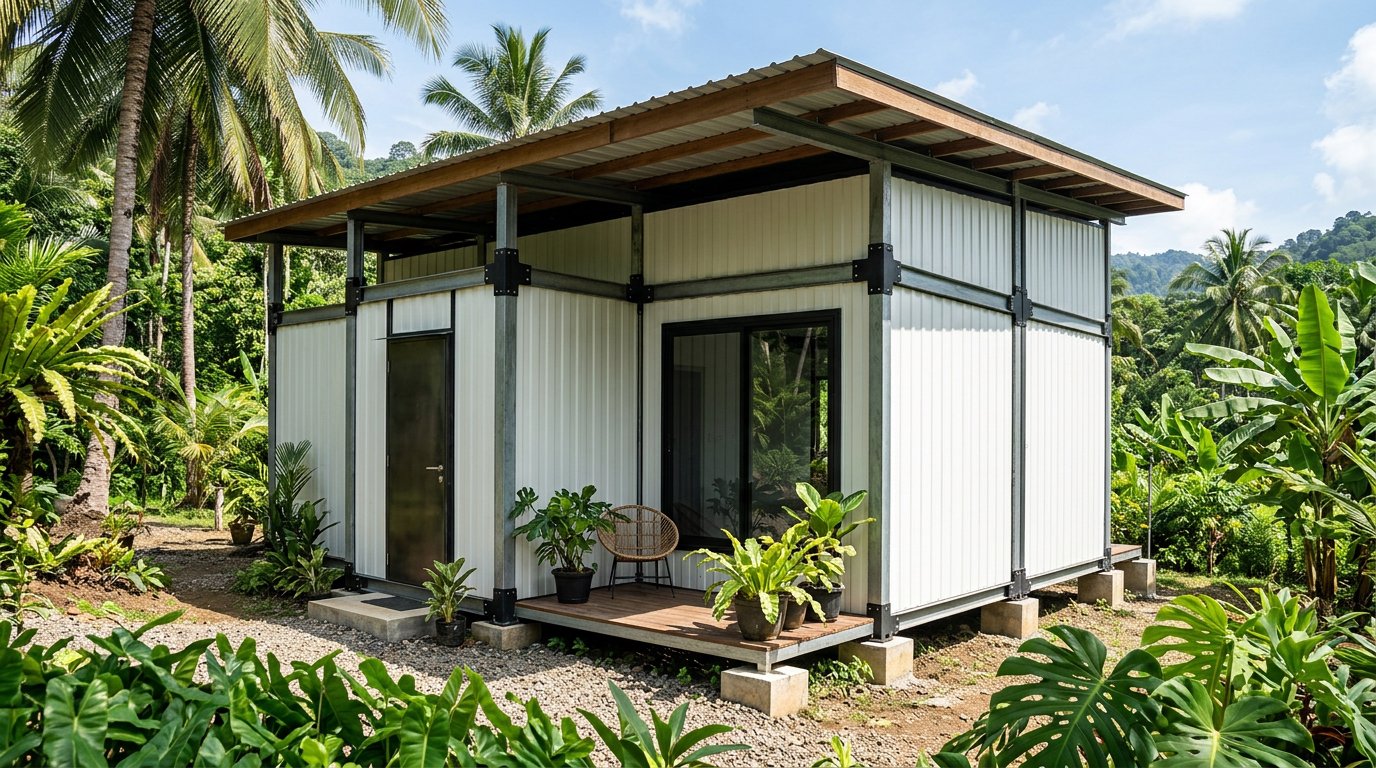 Rumah modular berdinding sandwich panel dengan kanopi peneduh di iklim tropis