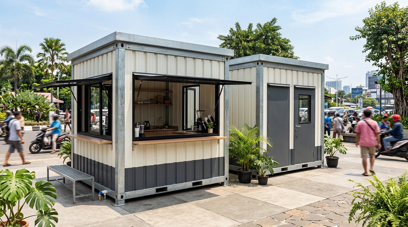 Dua unit kios modular berdinding sandwich panel dengan rangka baja dan jendela layan lipat di plaza kota