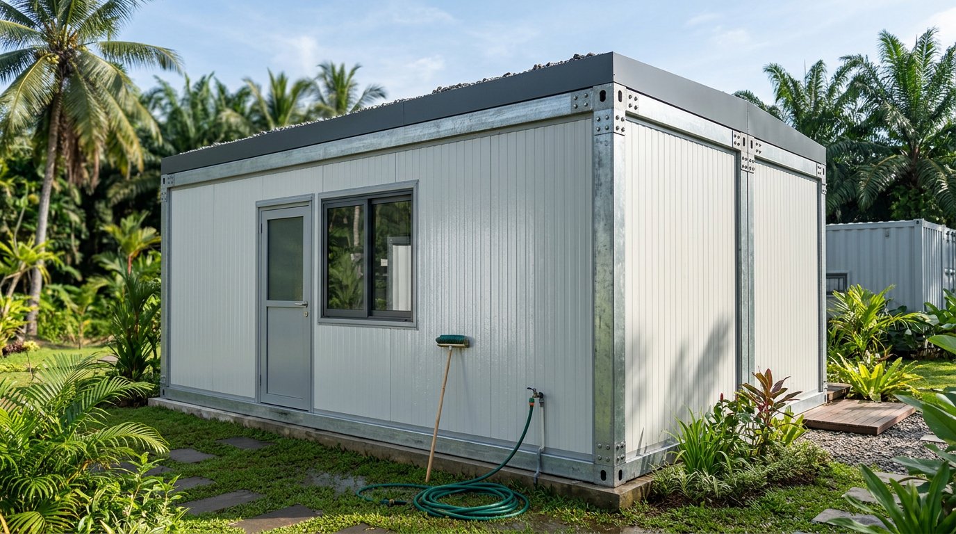 Rumah modular tipe kontainer berdinding sandwich panel sedang dibersihkan