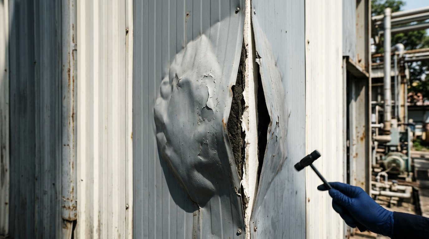 Dinding sandwich panel dengan pelat baja menggelembung terpisah dari inti insulasi, tanda delaminasi
