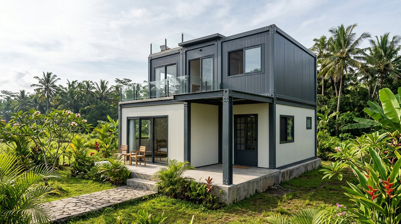 Rumah modular tipe kontainer berdinding sandwich panel di atas pondasi beton