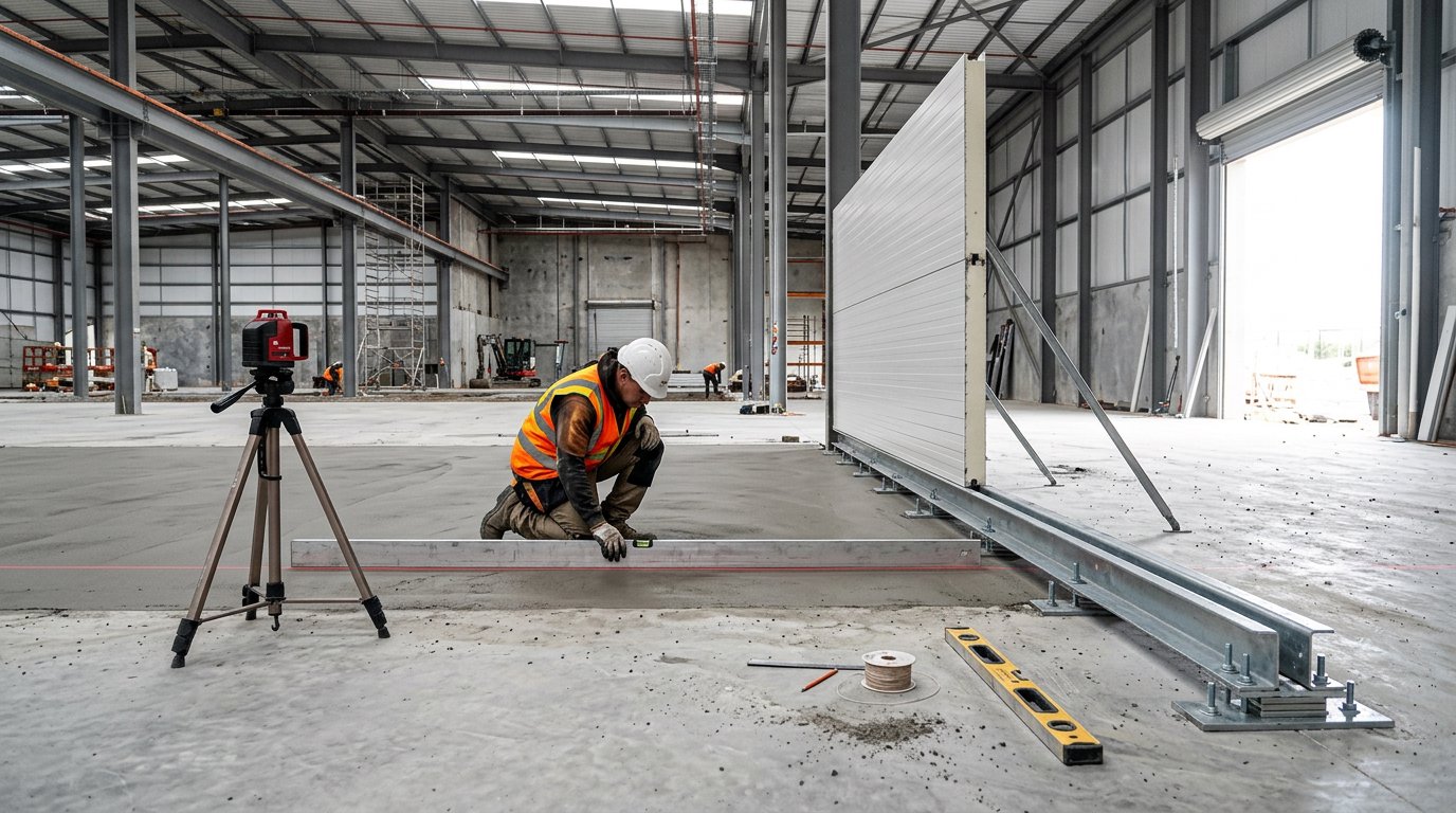 Pekerja memeriksa kerataan lantai beton dengan jidar aluminium dan laser sebelum pemasangan sandwich panel