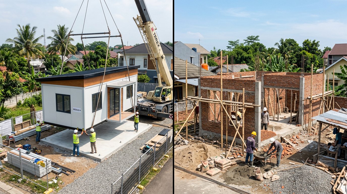 Perbandingan rumah modular yang diangkat crane dengan rumah konvensional berdinding bata dalam pengerjaan