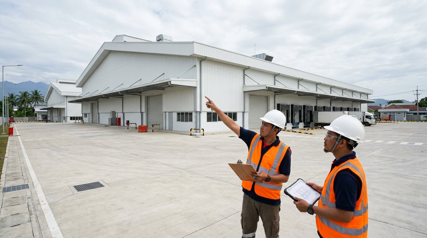 Dua pemeriksa teknis meninjau sambungan dinding sandwich panel pada gudang yang baru selesai dibangun