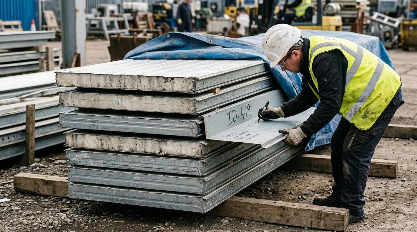 Dismantled sandwich panels stacked flat on timber bearers and numbered before being hauled to the new site
