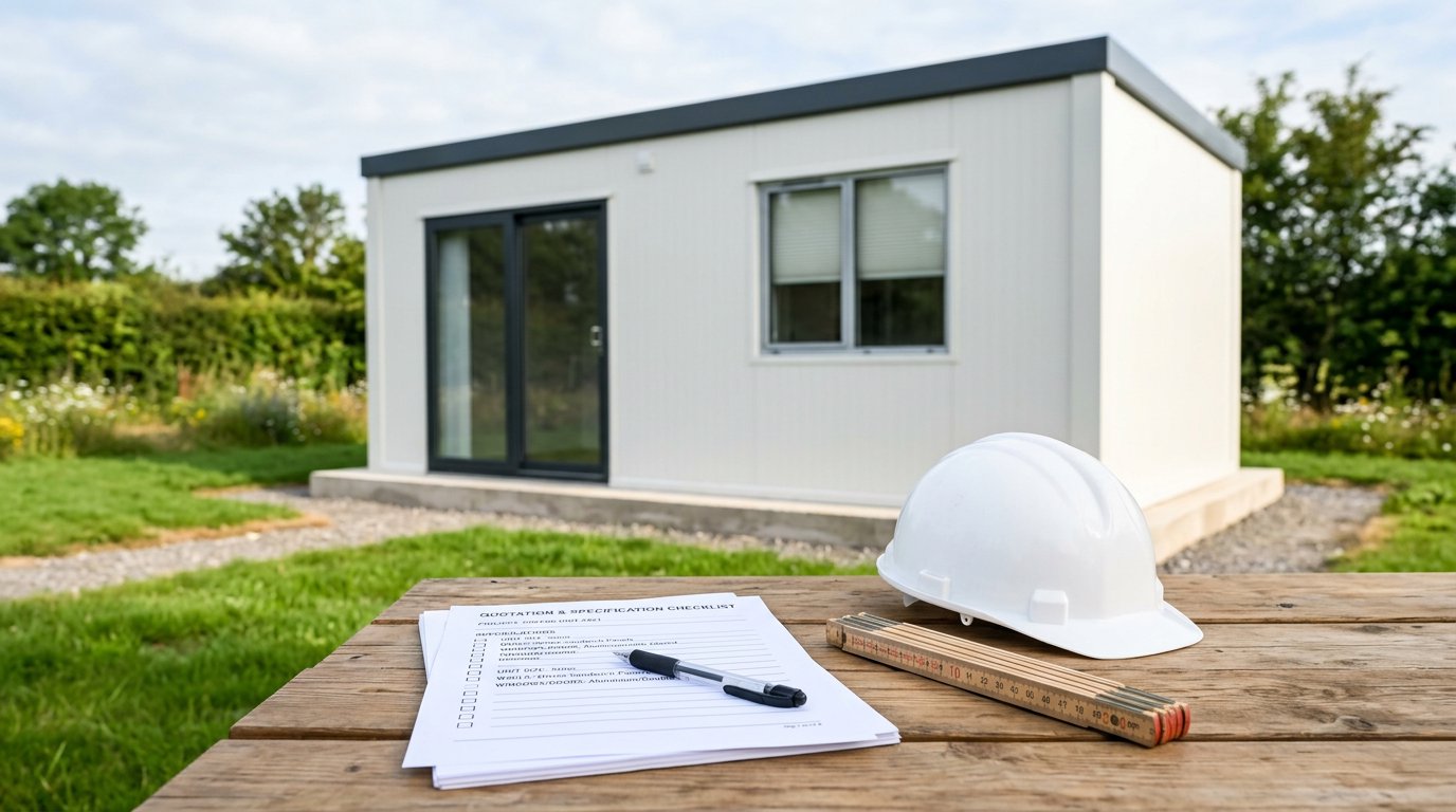 Modular house quotation documents being checked in front of a newly installed unit