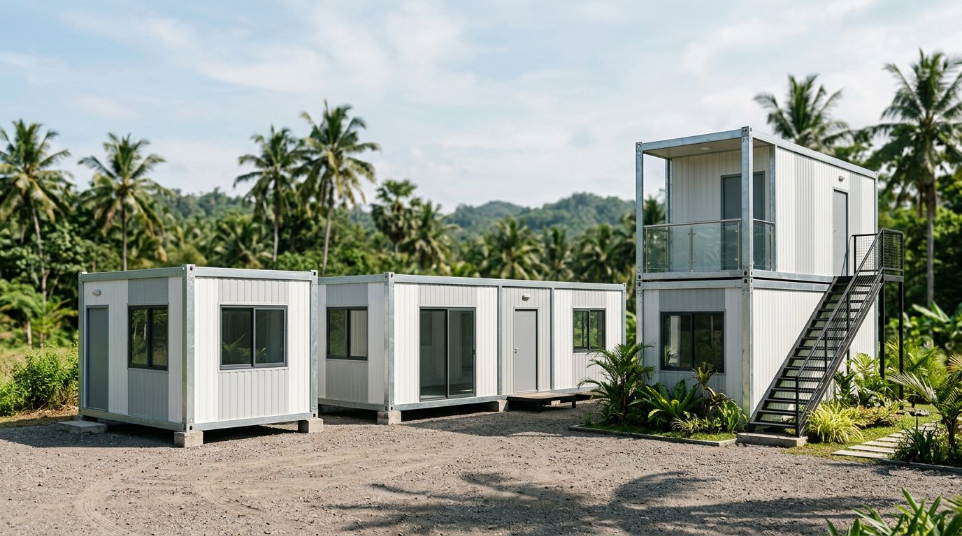 3x3 米、3x6 米与双层 3x6 米集装箱式模块化房屋,夹芯板外墙,混凝土基座