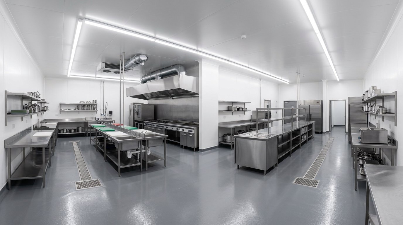 Interior of a modular SPPG kitchen with sandwich panel walls separating raw preparation from cooked food portioning