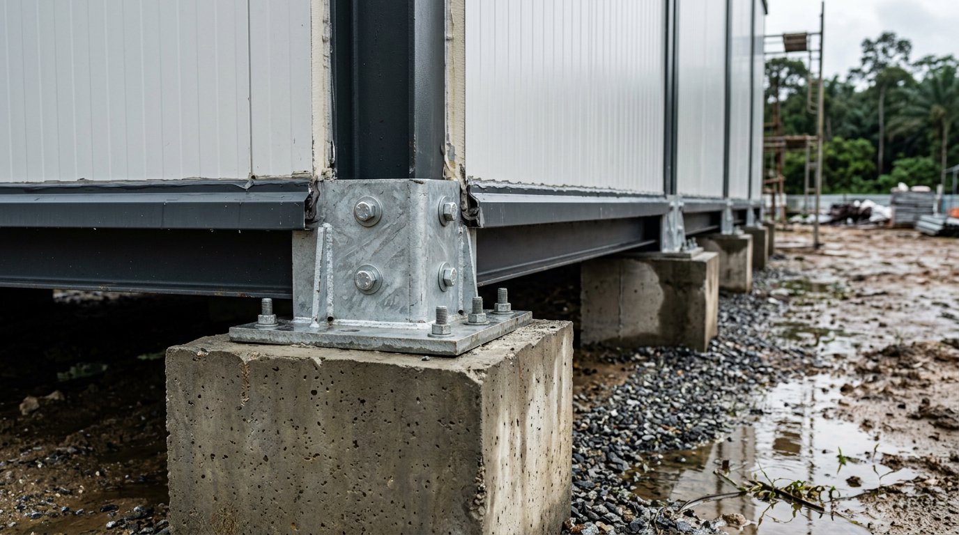 Steel frame corner fitting of a modular house bolted to a tall concrete pad footing on wet ground