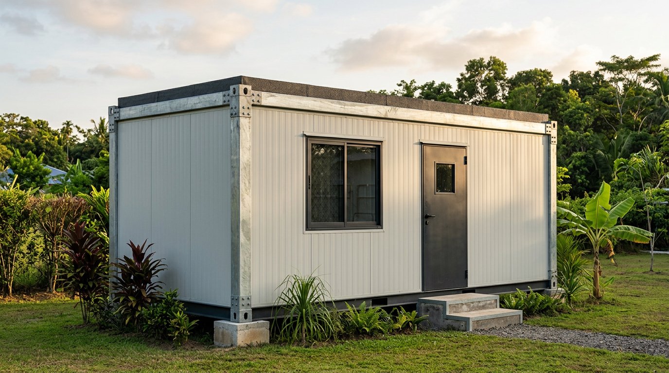 Rumah modular tipe kontainer berdinding sandwich panel berusuk vertikal dengan rangka baja galvanis di atas pondasi pad beton