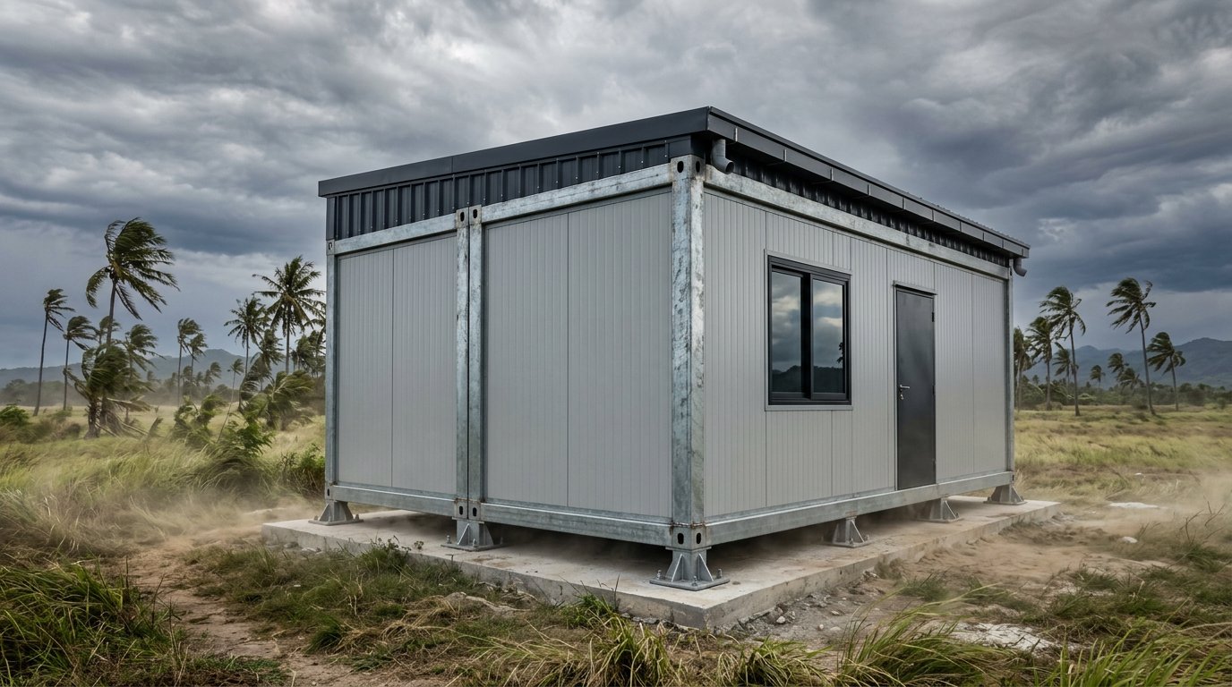 Rumah modular panel sandwich dengan rangka baja galvanis di lahan terbuka saat angin kencang