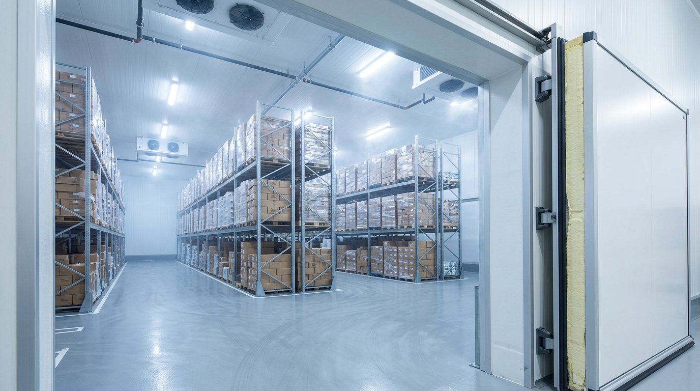Interior ruang cold storage berdinding sandwich panel tebal dengan sambungan rapat