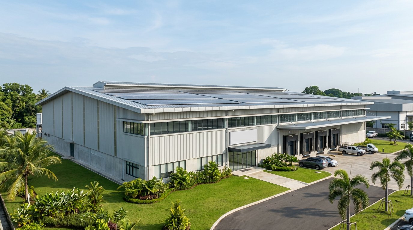Bangunan industri berdinding sandwich panel dengan panel surya di atap