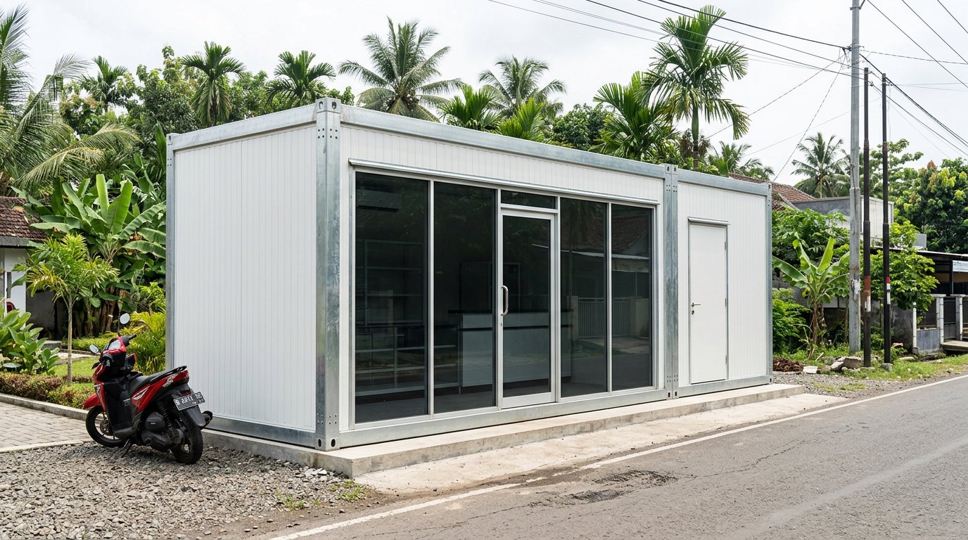 Bangunan toko modular tipe kontainer berdinding sandwich panel dengan muka kaca tempered di pinggir jalan