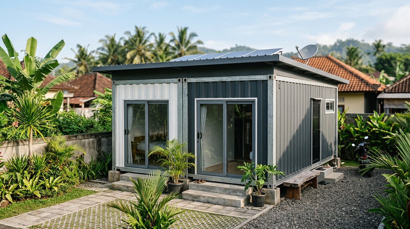 Dua modul rumah modular panel sandwich disambung menjadi hunian tipe 36 di kavling kecil