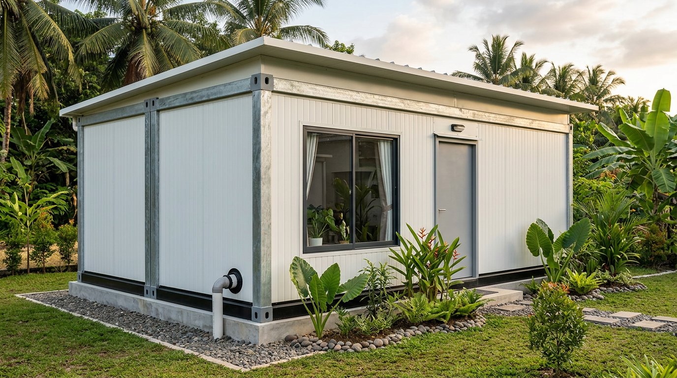 Rumah modular panel sandwich dengan skirting logam dan dasar dinding tertutup rapat