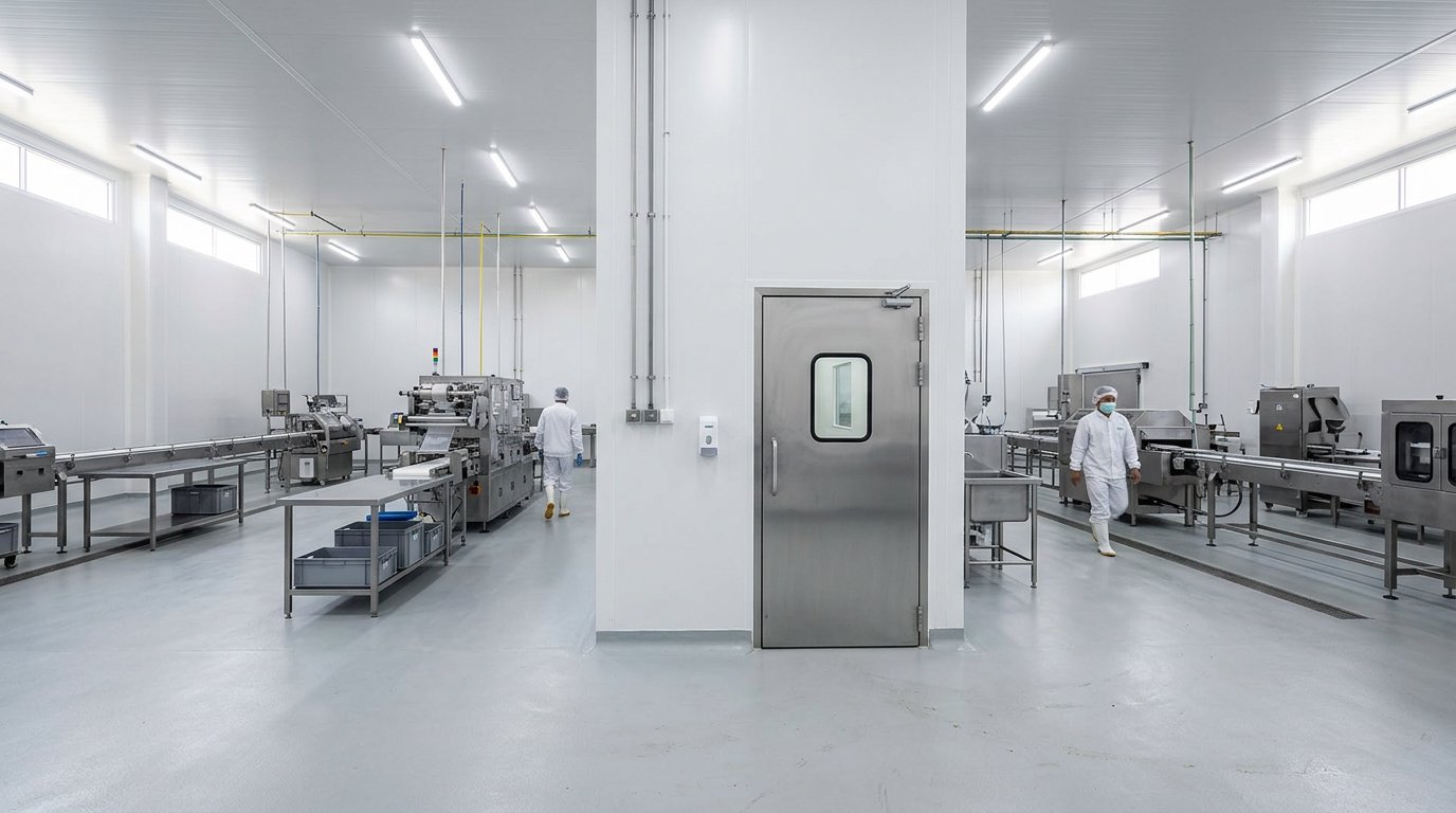 Dua hall produksi pangan dipisahkan dinding panel higienis dengan pintu stainless