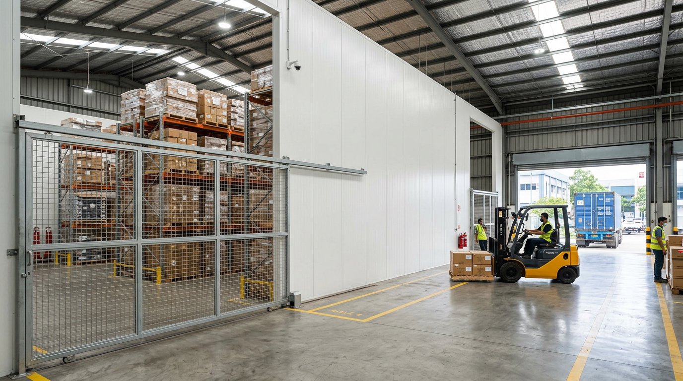 Dinding partisi sandwich panel memisahkan area penimbunan berikat dari area produksi di dalam gudang