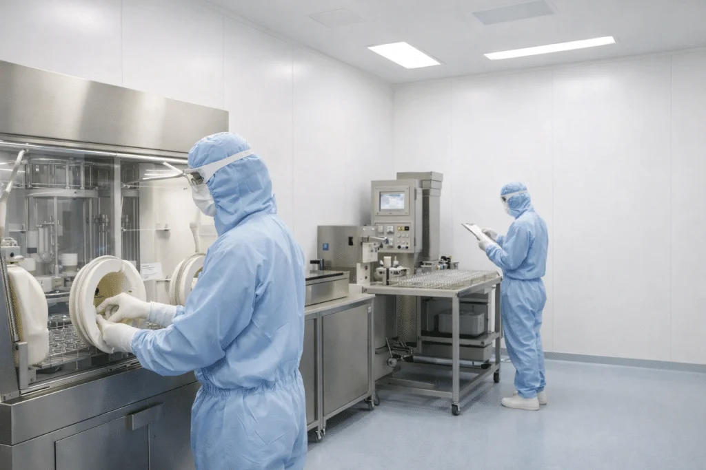 Interior cleanroom dengan pekerja menggunakan APD dan sistem filtrasi HEPA